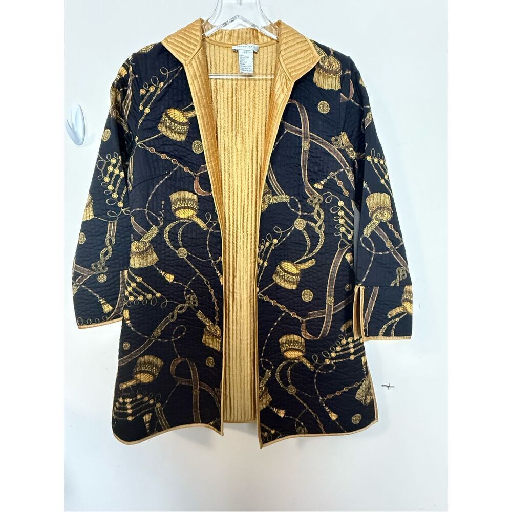 Patty Kim Quilted Preppy Jacket Chain Ribbon Artsy Print XS Duster Cotton Silk G
